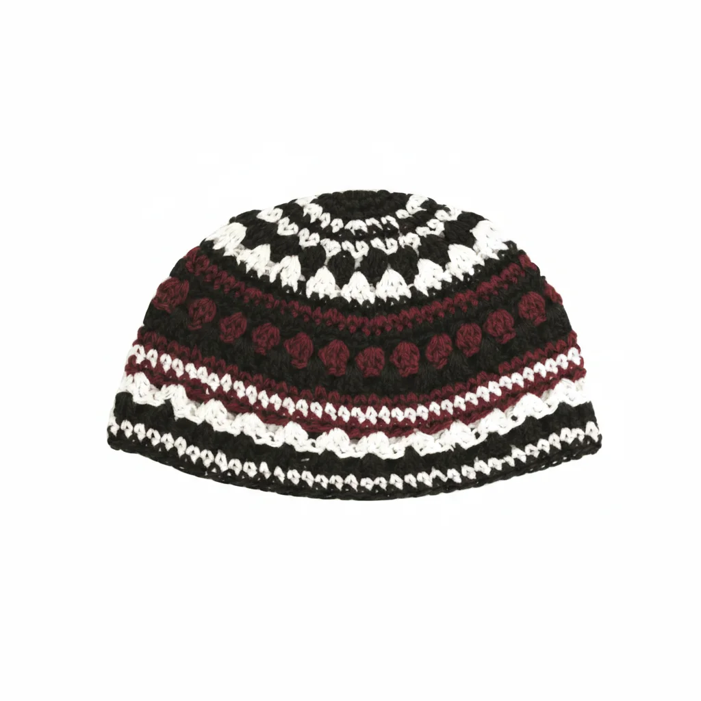 Frik Kippah 21 cm- Bordeaux-black-white Striped Design - Maroon