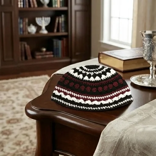 Frik Kippah 21 cm- Bordeaux-black-white Striped Design - Maroon
