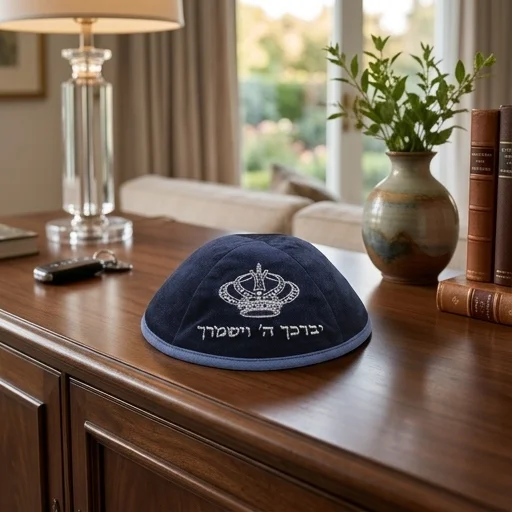 Velvet Kippah with Embroidery Size 4- Dark Blue