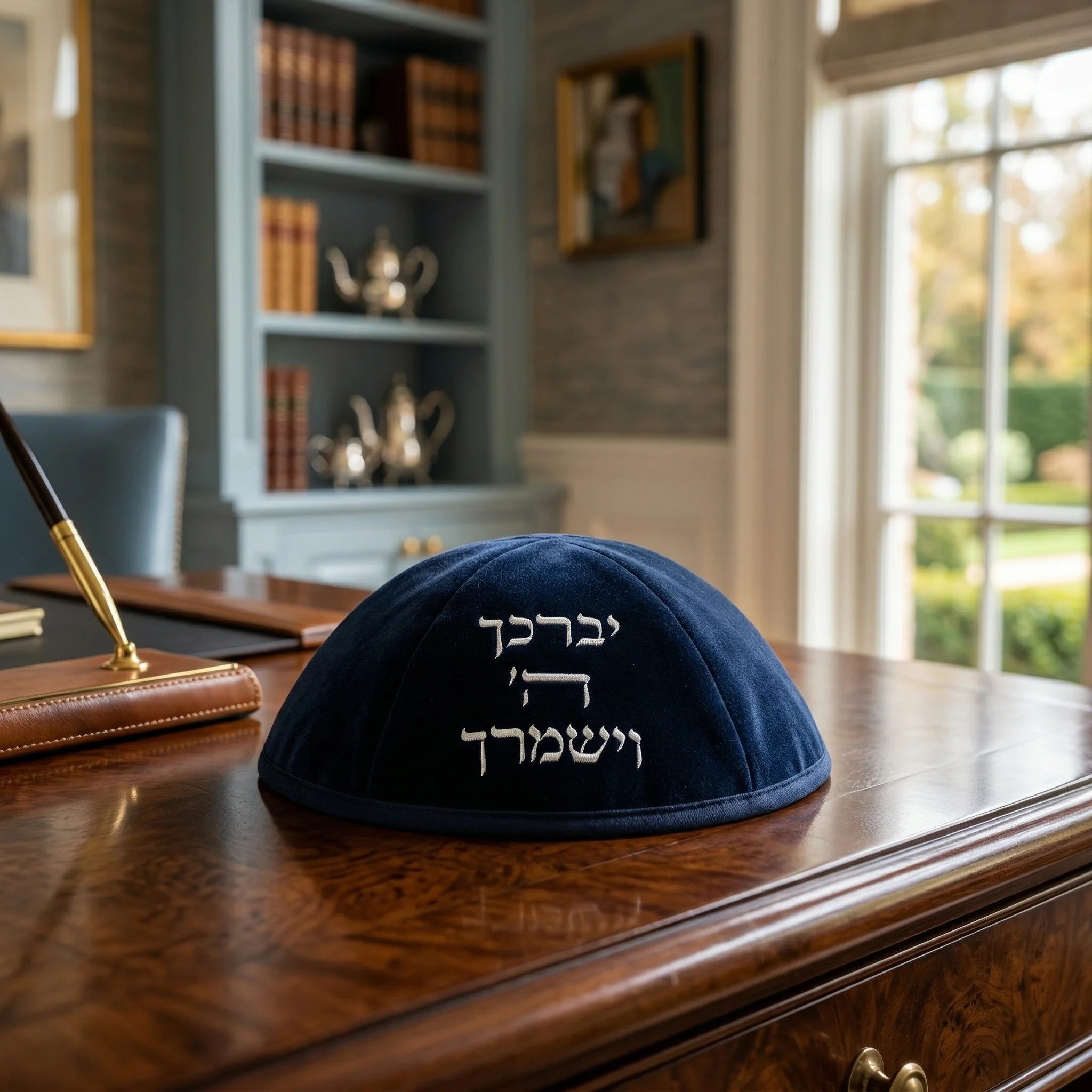 כיפה אולטרא סוויד כחול כהה 19 ס״מ עם "יברכך" ומקום לסיכה