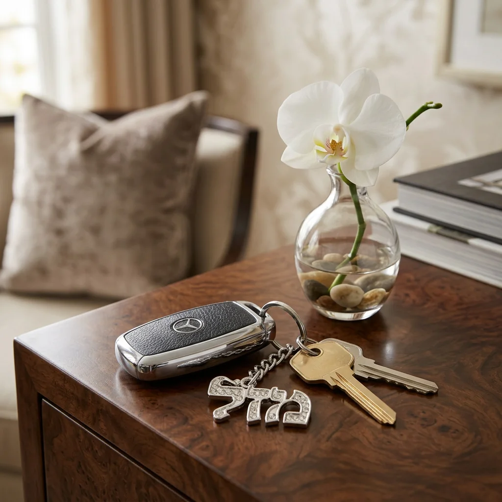 מחזיק מפתחות ניקל - מזל ושיבוץ אבנים