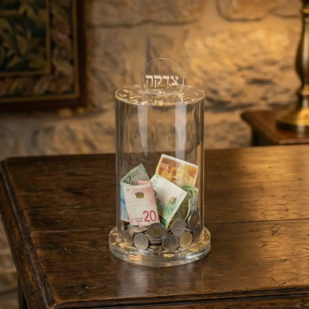 קופת צדקה מאקריליק זהב נצנץ 16×10 ס״מ
