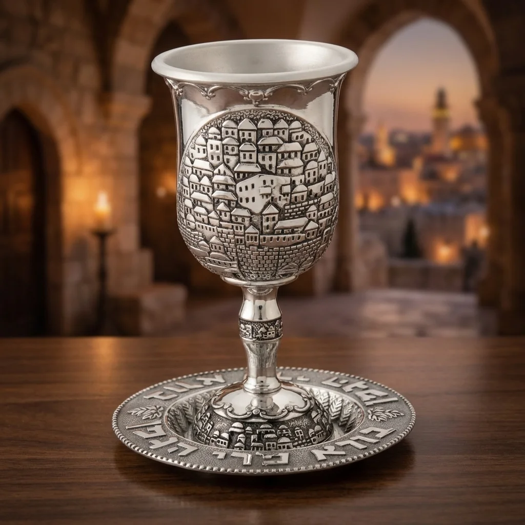 גביע קידוש ניקל עם רגל "ירושלים" 16 ס״מ עם תחתי