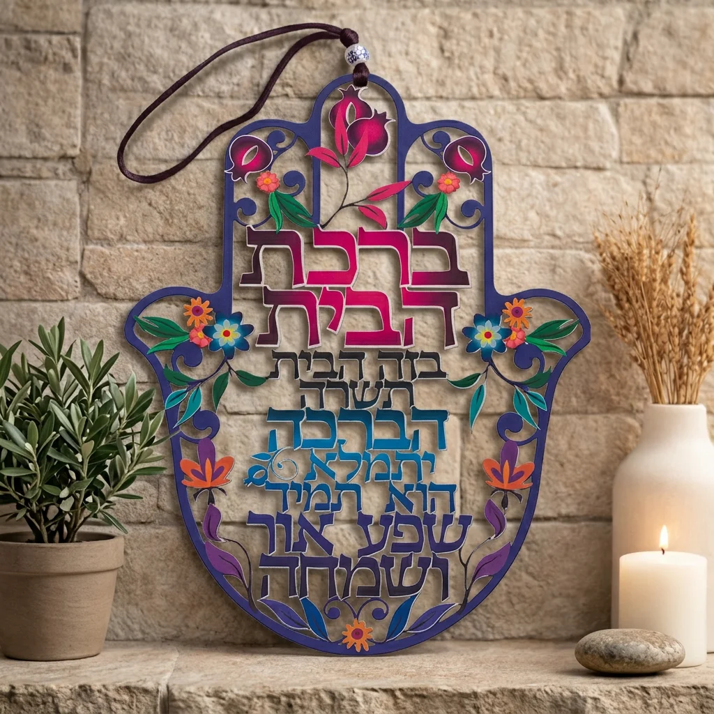 חמסה "רימונים" חיתוך לייזר, ברכת הבית עברית 24 ס״מ