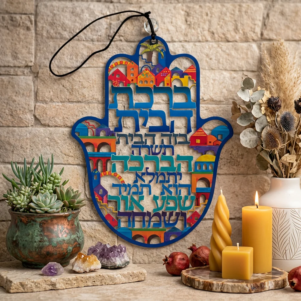 חמסה "ירושלים" חיתוך לייזר, ברכת הבית עברית 24 ס״מ