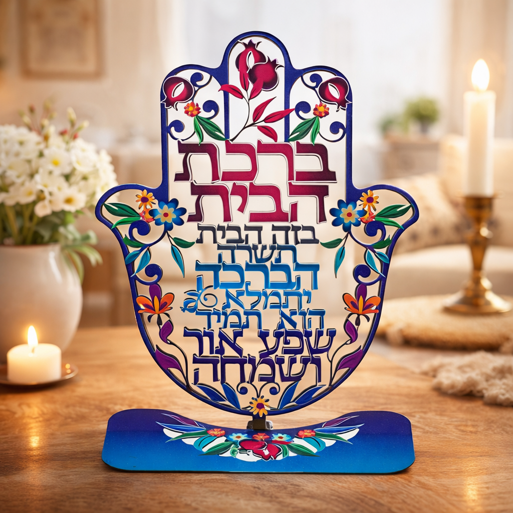 חמסה "פירחוני" חיתוך לייזר עם בסיס, ברכת הבית עברי