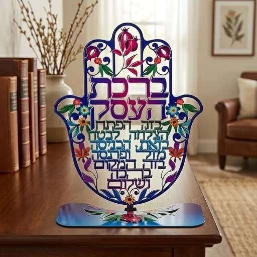 חמסה "פירחוני" חיתוך לייזר עם בסיס, ברכת עסק עברית 24 ס״מ