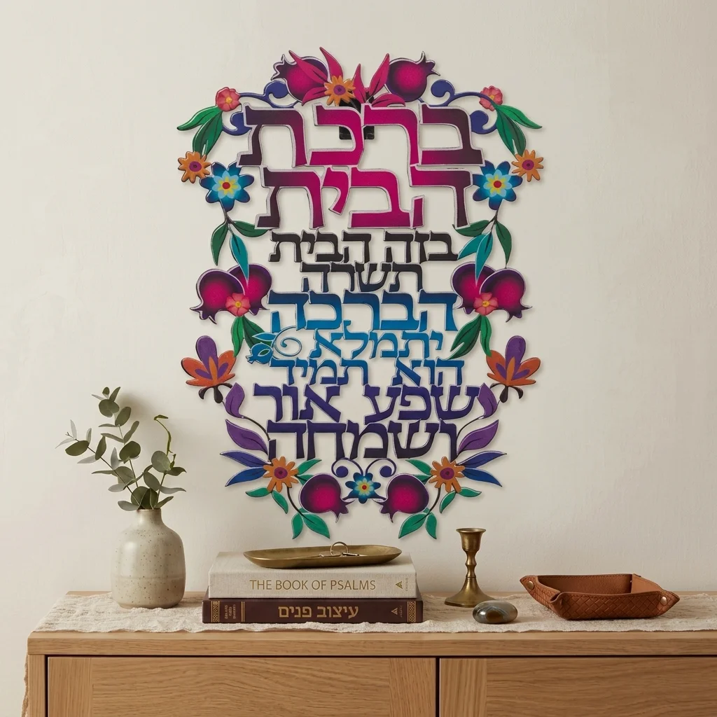 ברכת הבית חיתוך לייזר "פרחוני" מתכת עברית 16×11 ס״מ