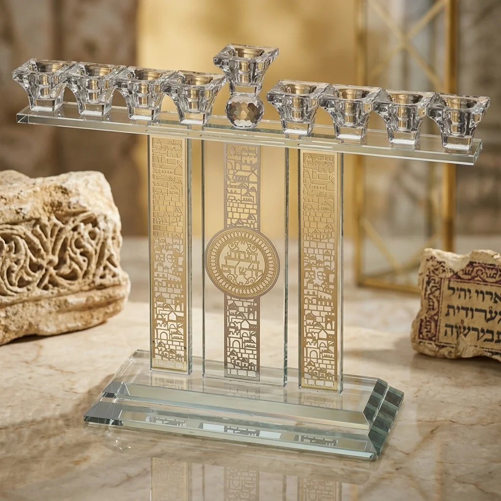 חנוכייה קריסטל מהודרת עם פלקטה 36×37 ס״מ