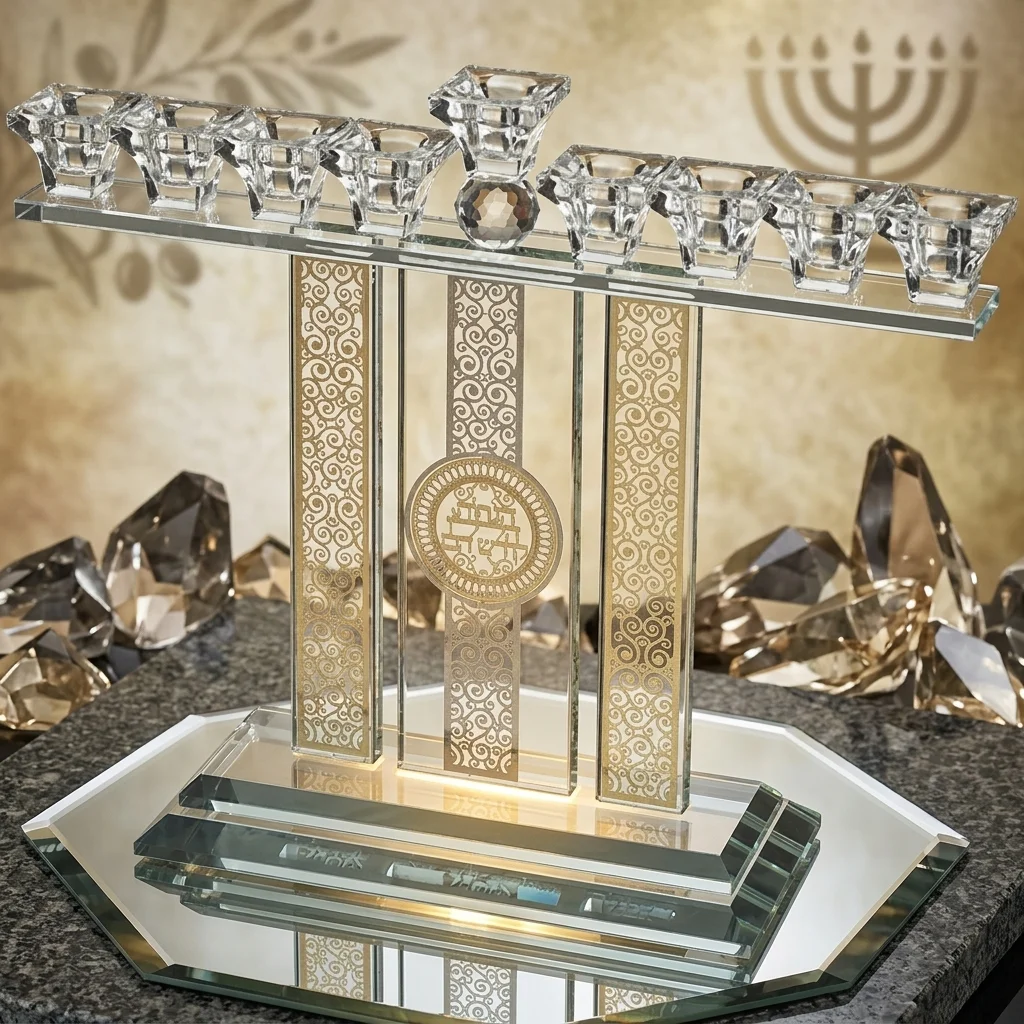 חנוכייה קריסטל מהודרת עם פלקטה 36×37 ס״מ