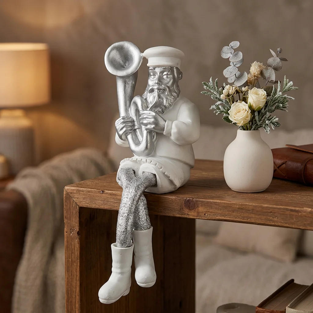 Polymer Sitting Hassidic Figurine with Cloth Legs 25 cm- Tuba Player - Silver, White