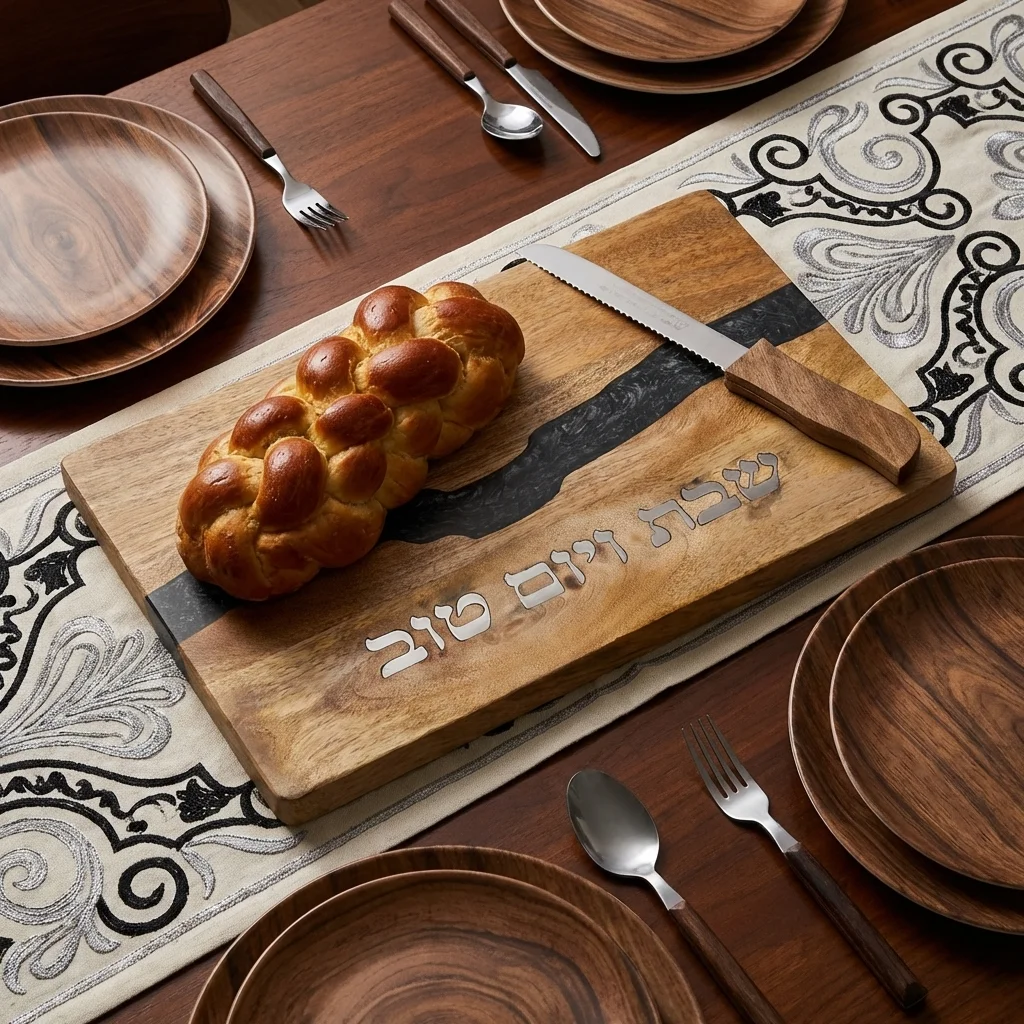 מגש חלה עץ עם אפוקסי אפור וסכין 41×28 ס״מ