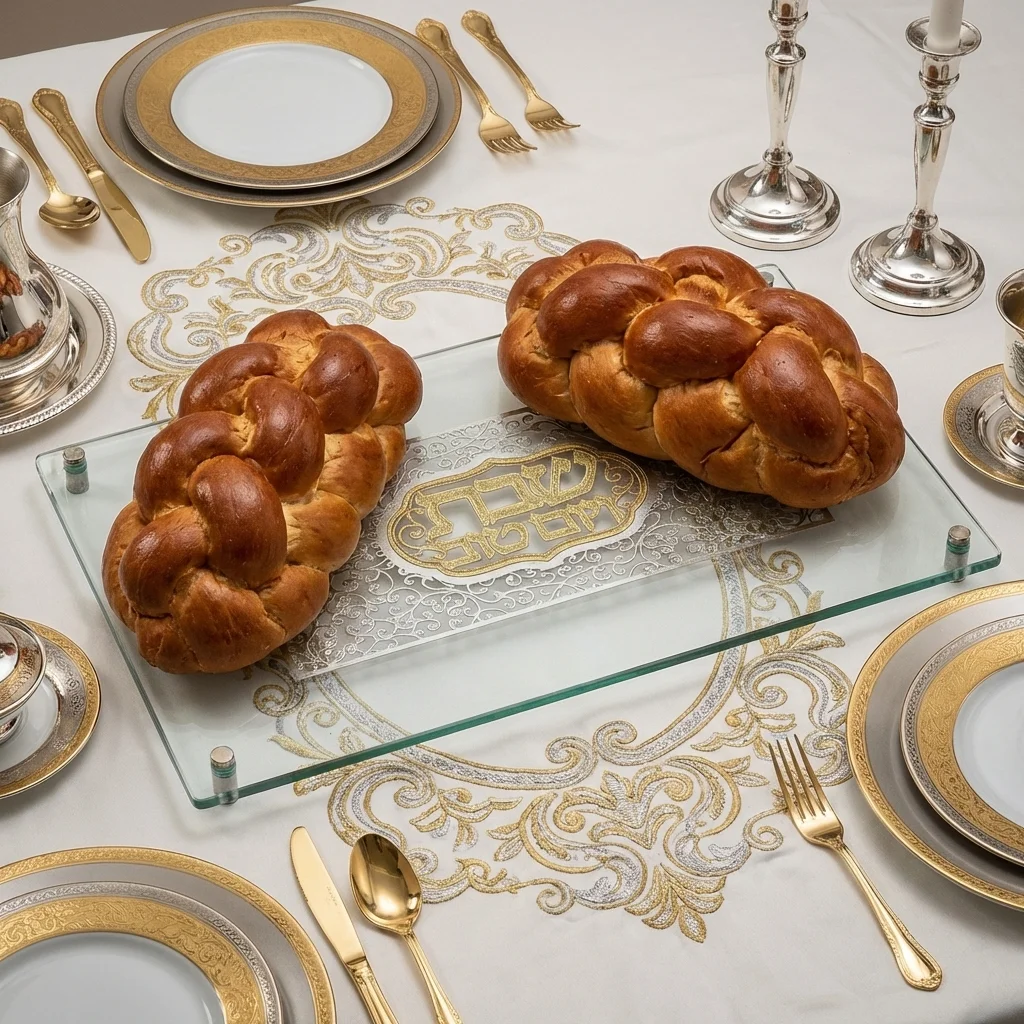 מגש חלה מהודר מזכוכית עם פלקטה "עיטור" 30×44 ס״מ