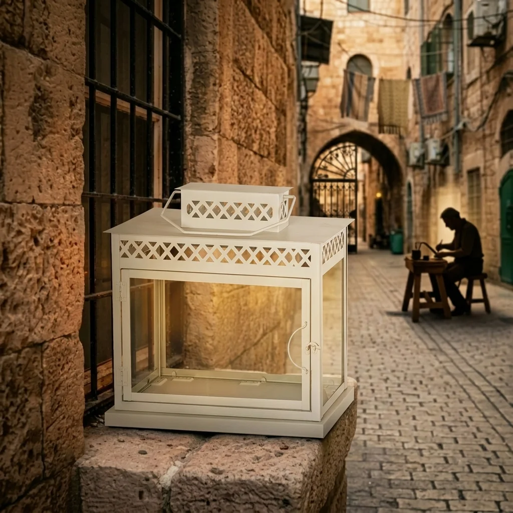 בית חנוכייה מהודר מאלומיניום וזכוכית גודל 20 - 20×25×44 ס״מ - גוון לבן