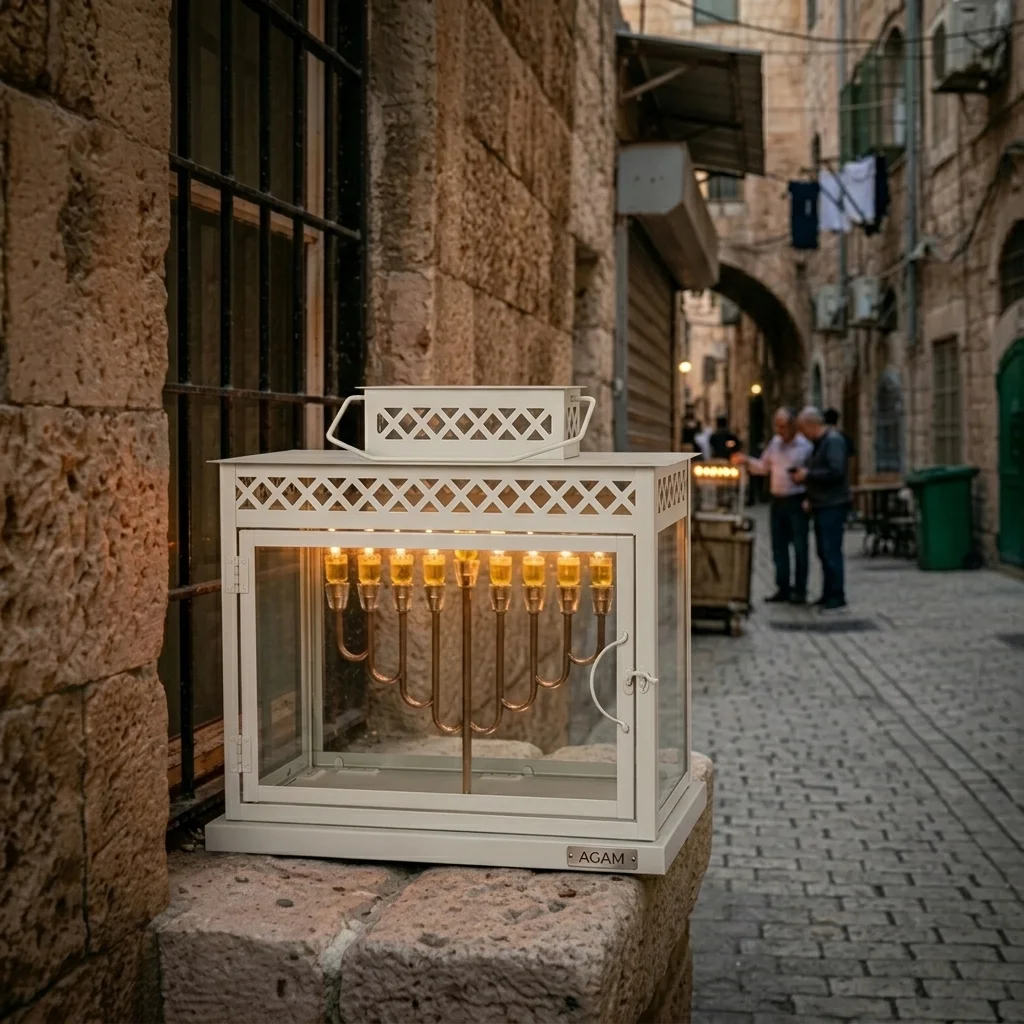 בית חנוכייה מהודר מאלומיניום וזכוכית גודל 30 - 30×25×44 ס״מ - גוון לבן