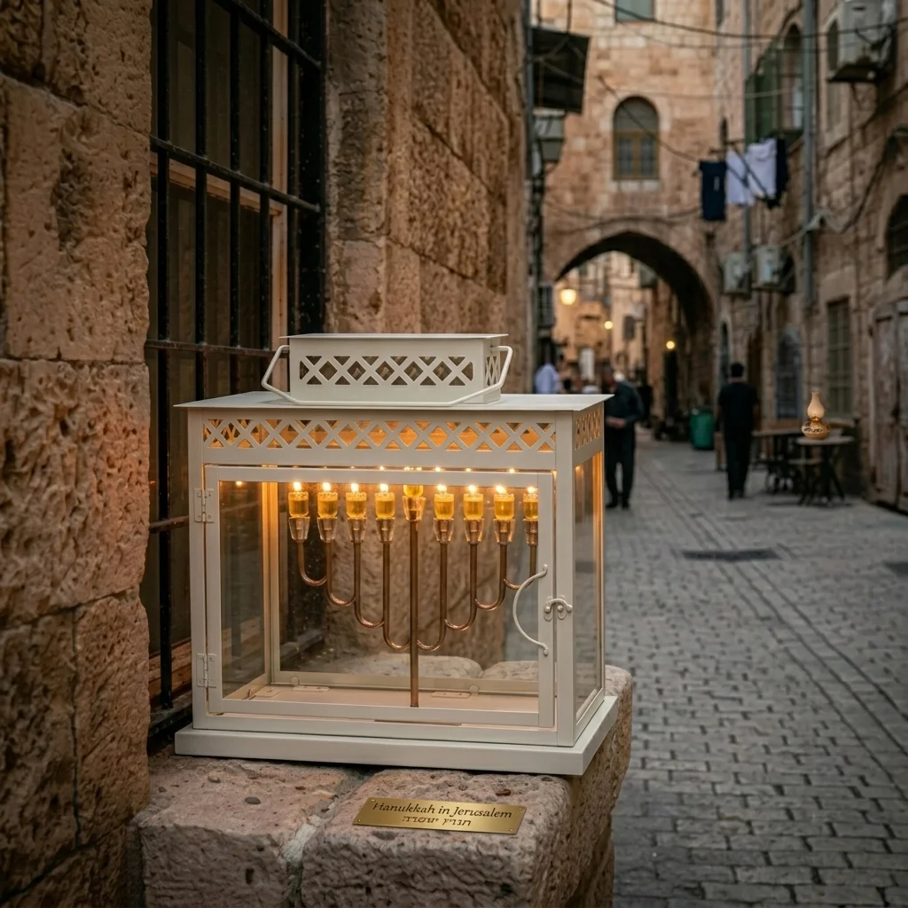 בית חנוכייה מהודר מאלומיניום וזכוכית גודל 40 - 40×25×44 ס״מ - גוון לבן