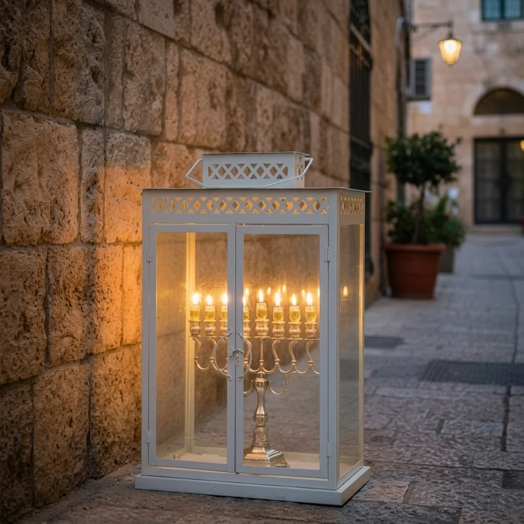בית חנוכייה מהודר מאלומיניום וזכוכית גודל 70 - 70×30×55 ס״מ - גוון לבן