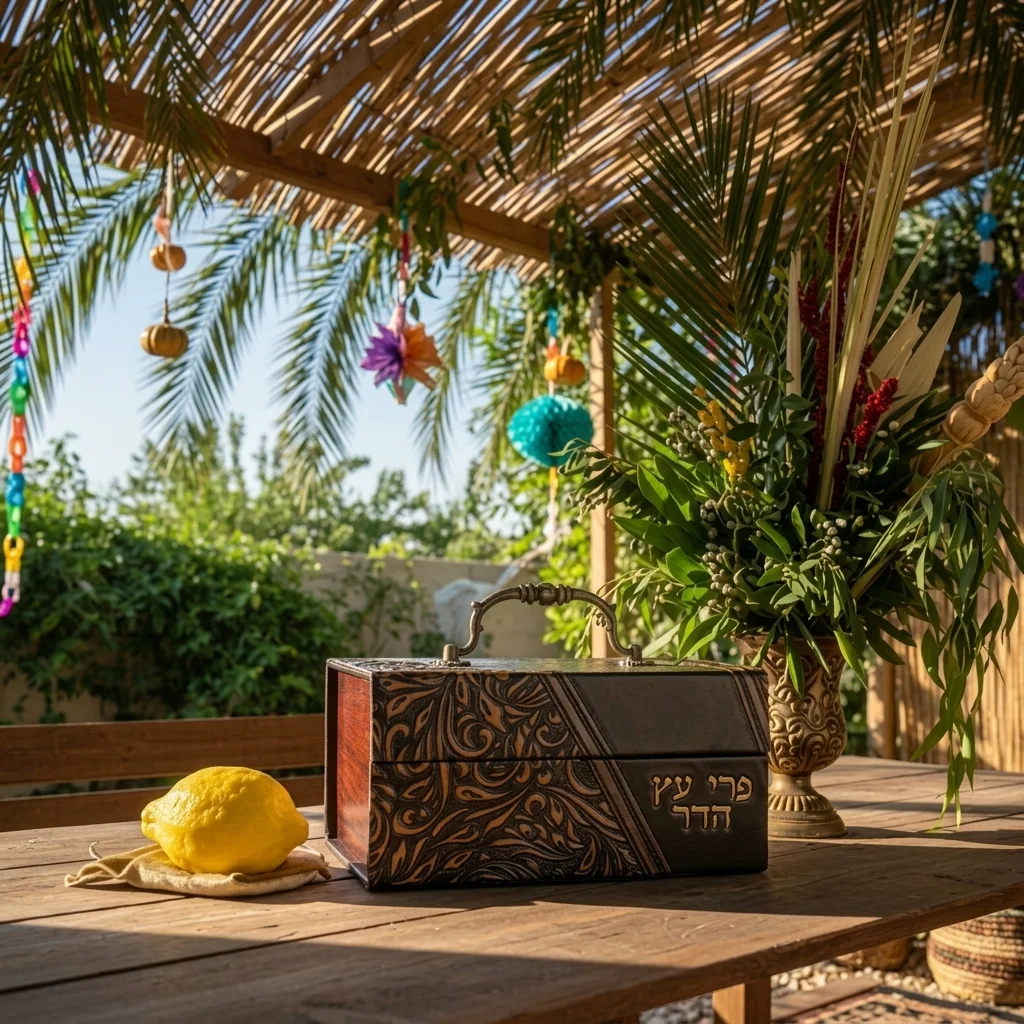 קופסא לאתרוג עץ ועור עם ידית מתכת דגם עלים 12×20×11 ס״מ
