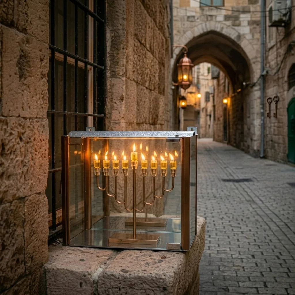 בית חנוכייה רחב מהודר מאלומיניום וזכוכית 42×50×26 ס״מ