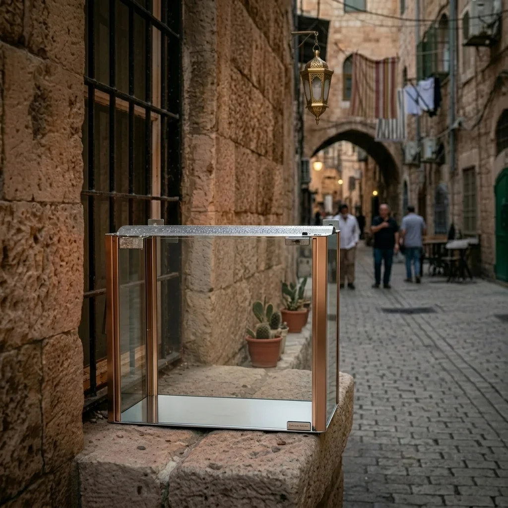 בית חנוכייה מהודר מאלומיניום וזכוכית - פרופילי נחושת 22×40×19 ס״מ