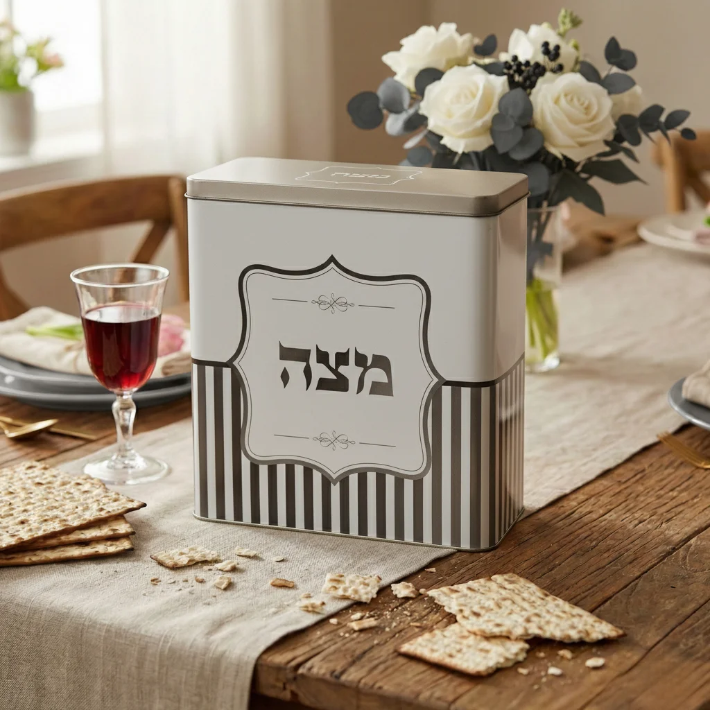 קופסת פח למצות דגם אפור פסים 20.5×19 ס״מ