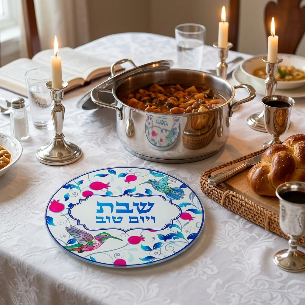 תחתית לסיר זכוכית "שבת ויום טוב" ציפורים עגול