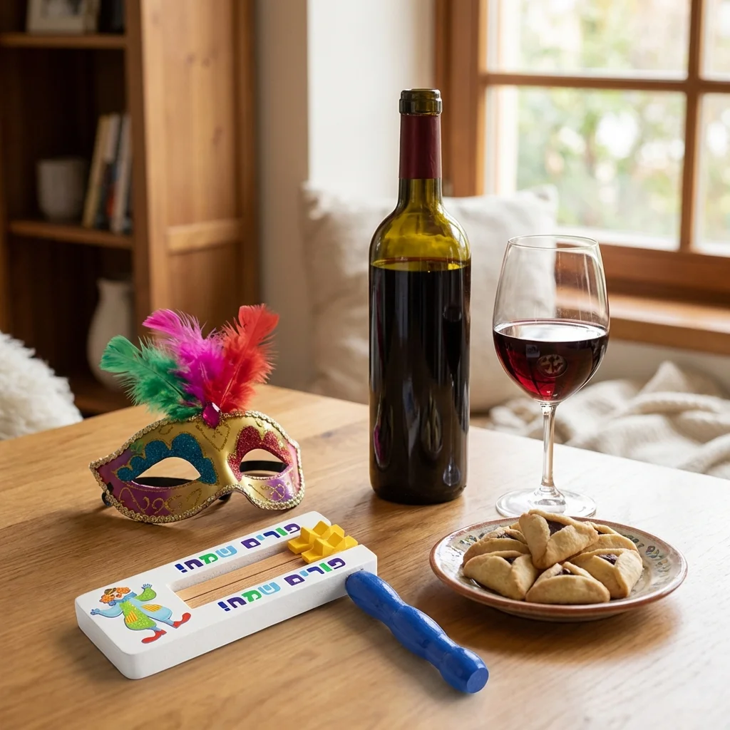 רעשן מעץ רקע לבן, ידית כחולה - עיטור צבעוני "פורים