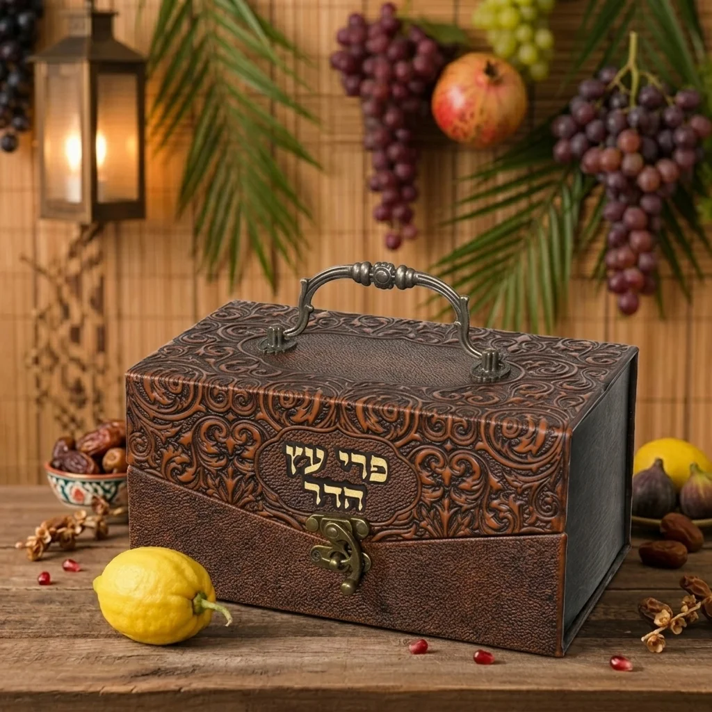 Leatherette Etrog Box Metal Handle & Lock 11x20x12 cm - "Decorations"