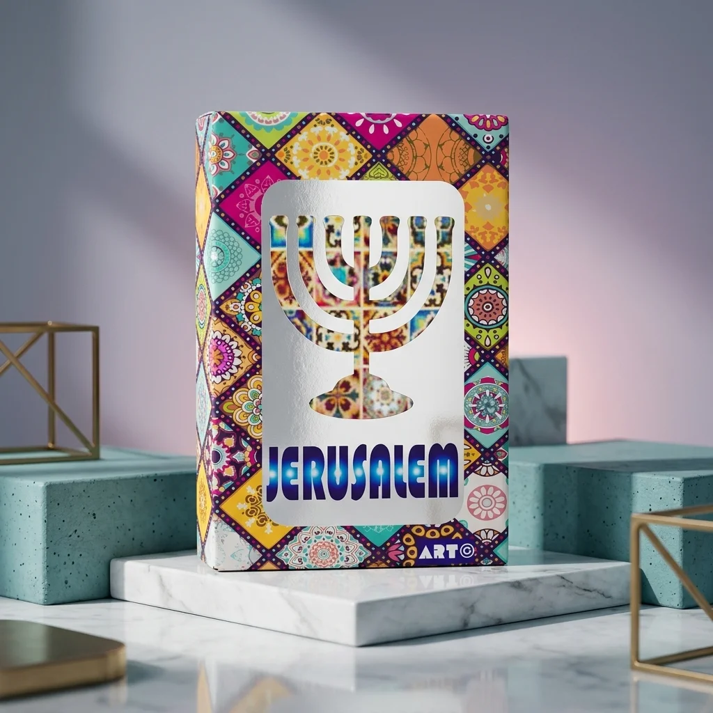 מגנט פח 58 ס״מ מנורה ירושלים אנגלית