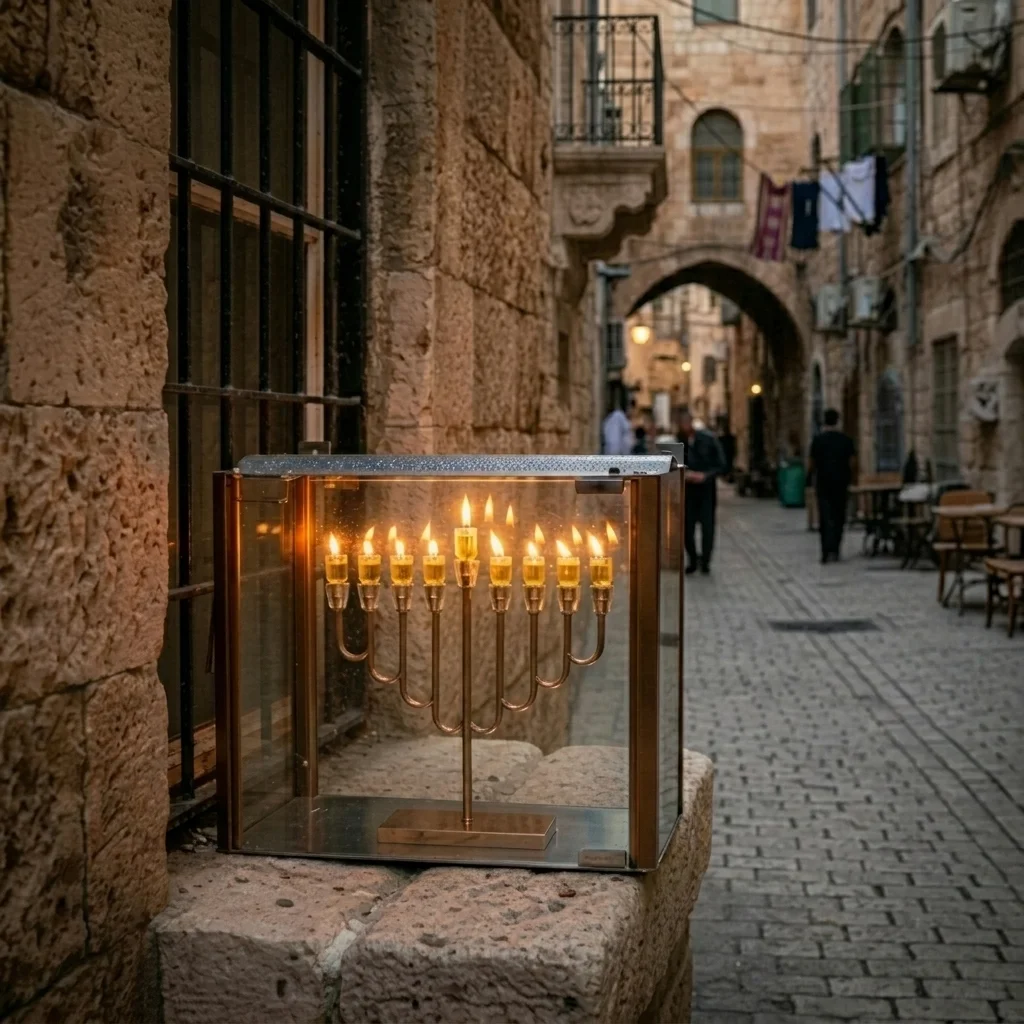 בית חנוכייה רחב מהודר מאלומיניום וזכוכית 50×20×50 ס״מ