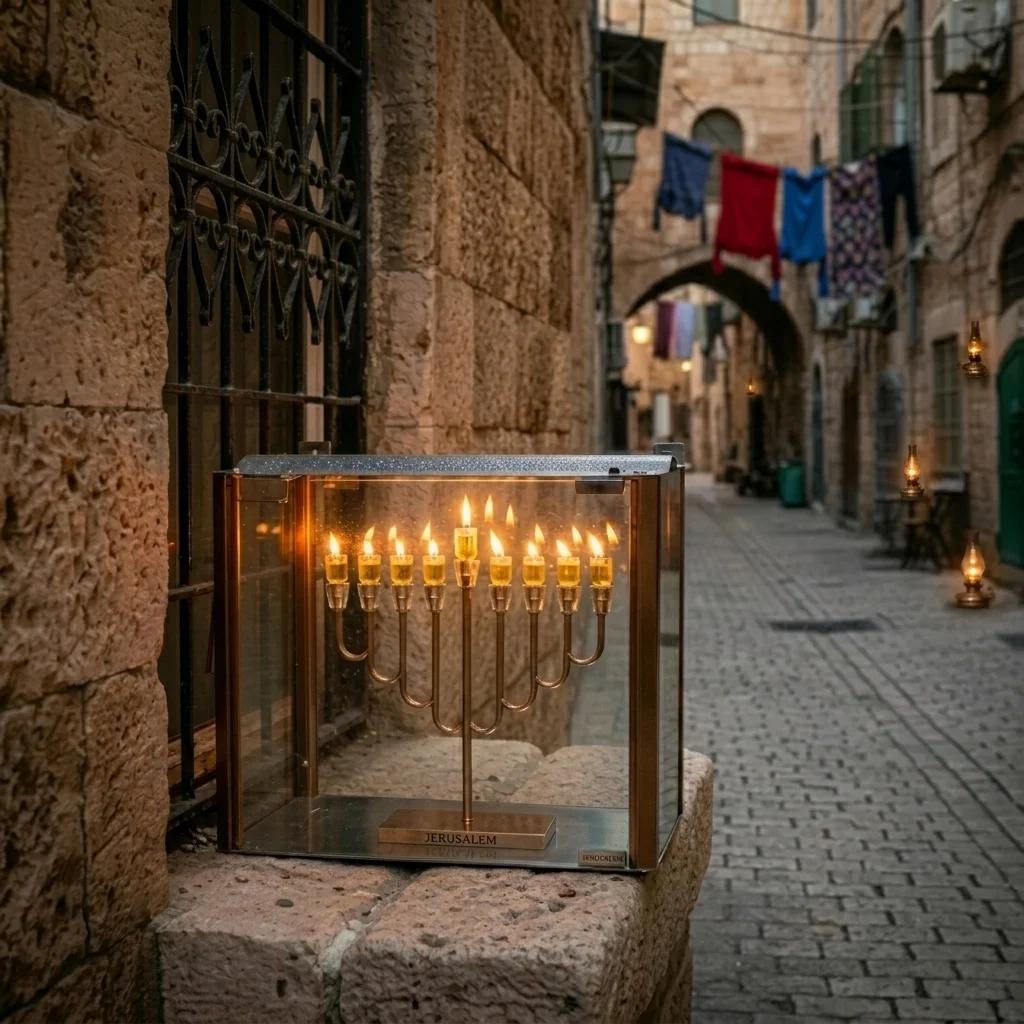 בית חנוכייה רחב מהודר מאלומיניום וזכוכית 15×18×20 ס״מ