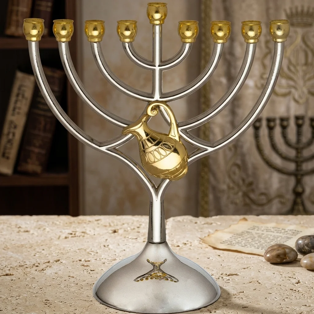 חנוכייה מתכת קנים זהב עם כד 18×16 ס״מ