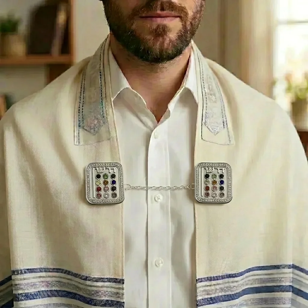 קליפס לטלית ניקל אבני החושן עם שרשרת 9 ס״מ