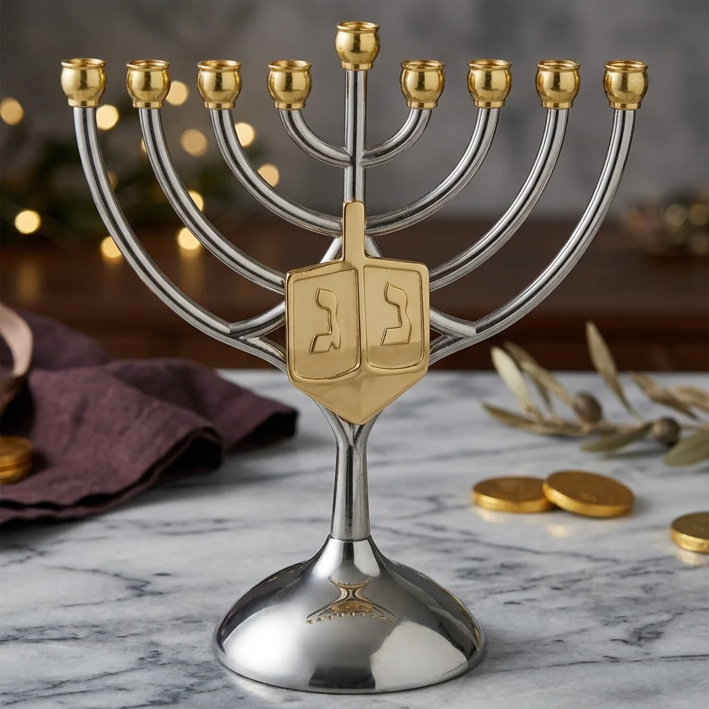 חנוכייה מתכת קנים זהב עם סביבון 18×16 ס״מ