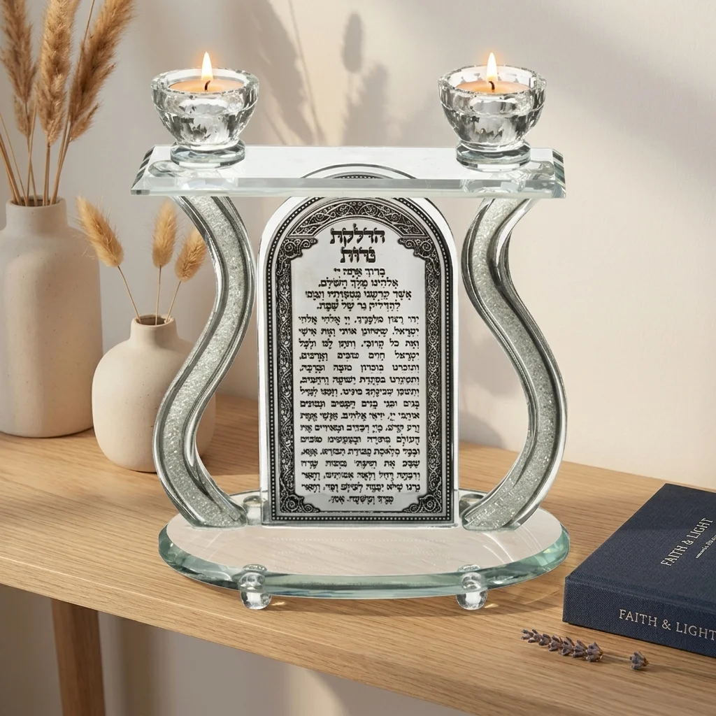 פמוטי קריסטל מהודרים עם פלקטה ואבנים 24×25 ס״מ