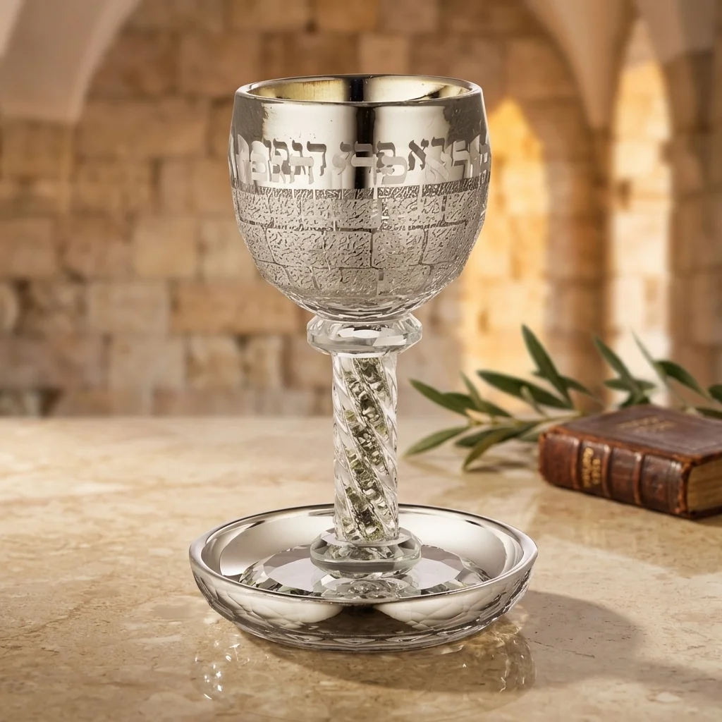 גביע קריסטל מהודר "כותל" עם אבנים כסף 16 ס״מ תכולה 130 מ"ל