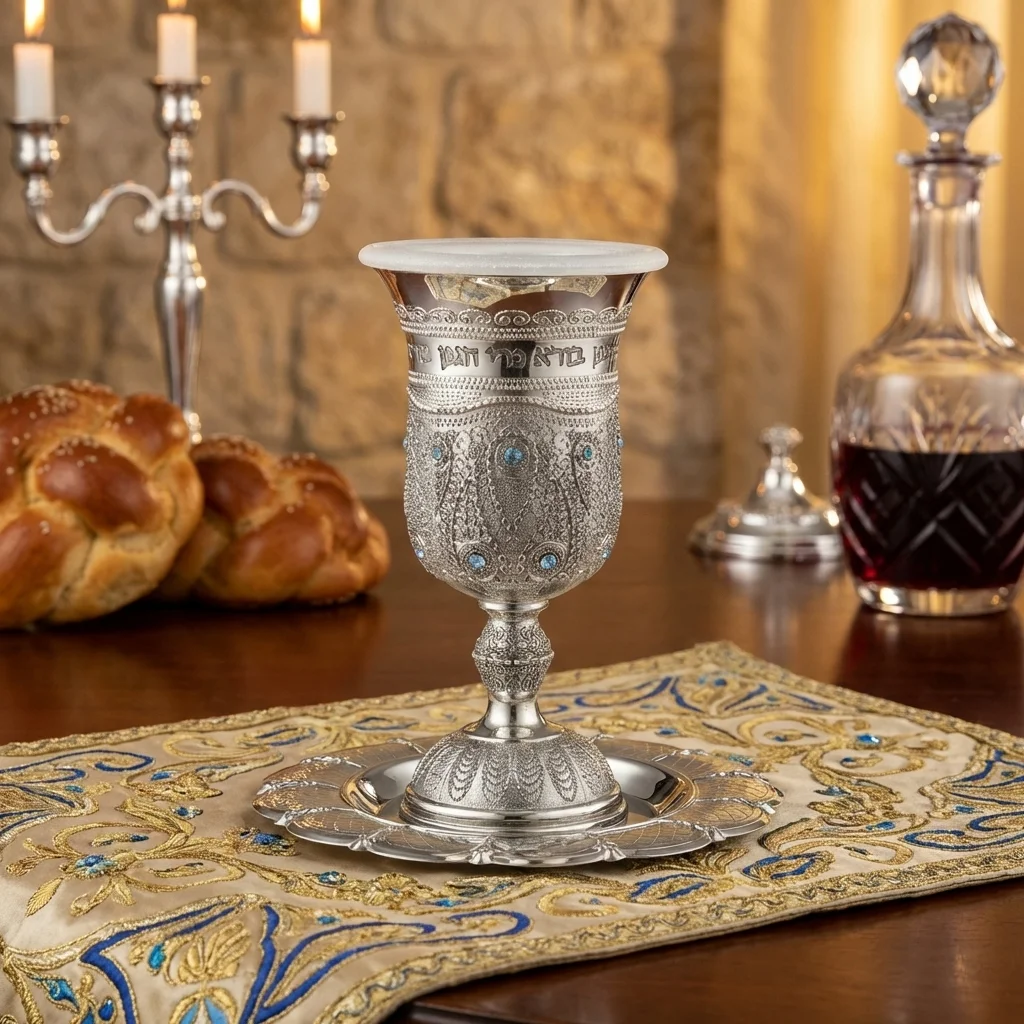 גביע קידוש ניקל פיליגרן מלא משובץ 14 ס״מ תכולה 120 מ"ל