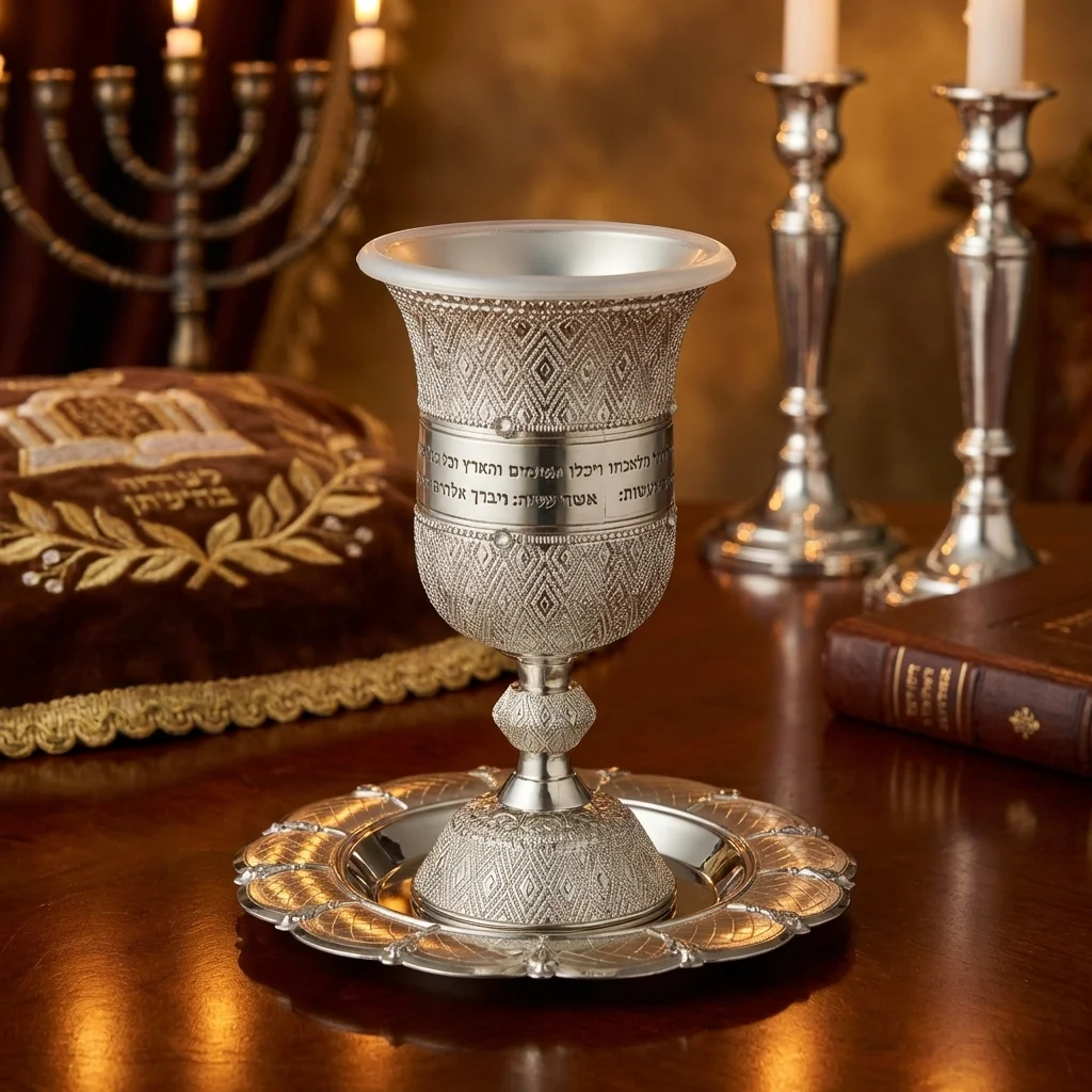 גביע קידוש גימור ניקל פיליגרין עם ברכה "ויכלו.." עם תחתית 15 ס״מ