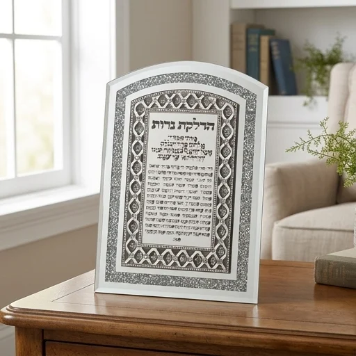 מסגרת זכוכית עם אבנים ופלקטה "מעוינים" הדלקת נרות 17.5×24 ס״מ