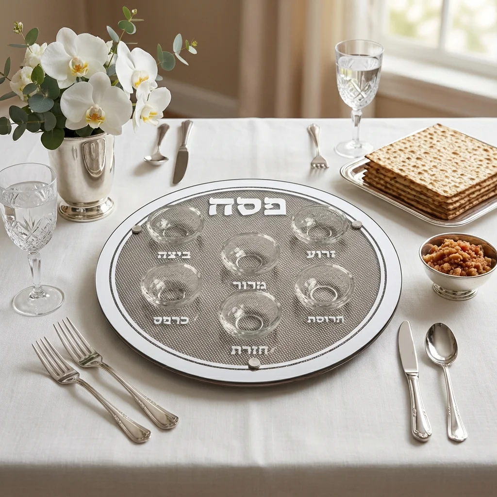 קערת פסח זכוכית מהודר עם 6 בומצים ואבנים 36 ס״מ