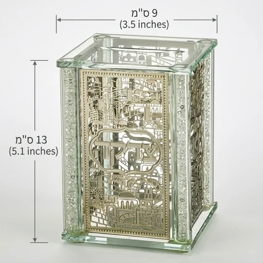 קופת צדקה קריסטל עם פלקטות "ירושלים" 9×13 ס״מ
