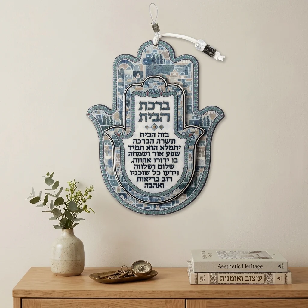 חמסה עץ אפוקסי ברכת הבית עברית גוון כחול 18.5 ס