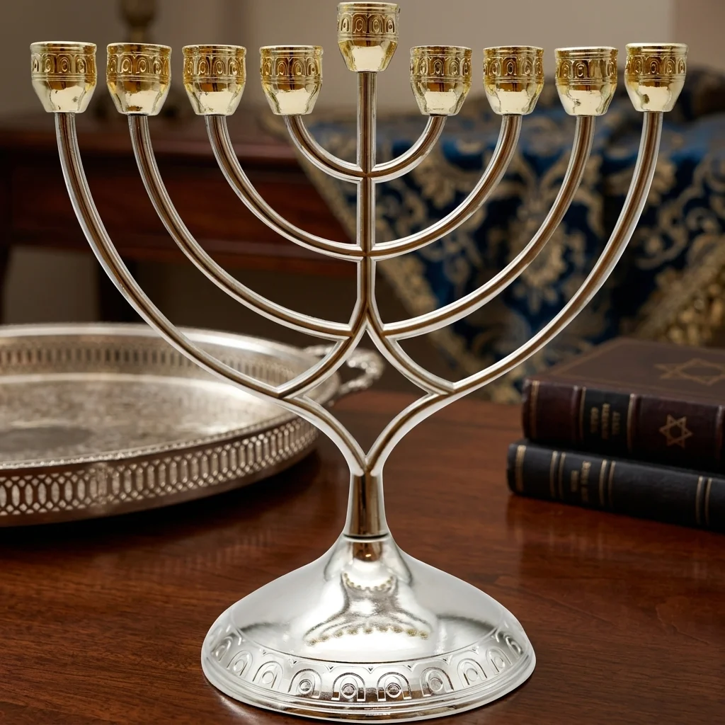 חנוכייה מתכת מהודרת עם קנים זהב 16×18 ס״מ