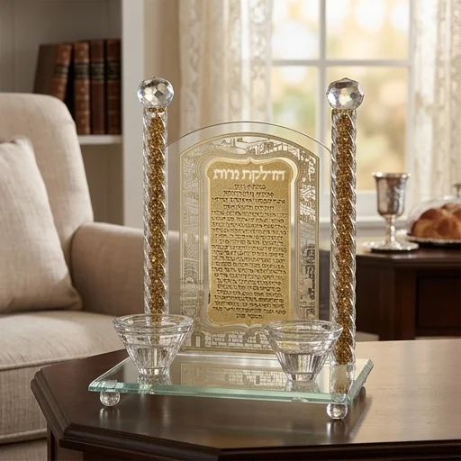 פמוטי קריסטל עם פלקטה הדלקת נרות "ירושלים" 24 ס״מ
