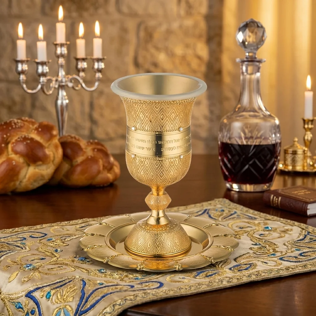 גביע קידוש גימור זהב פיליגרין עם ברכה "ויכלו.." עם תחתית 15 ס״מ - תכולה 100 מ"ל