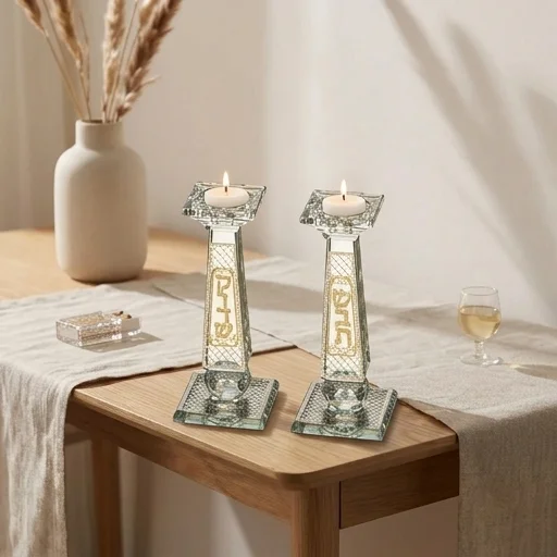 זוג פמוטי קריסטל מהודרים עם פלקטה "עיטורים" 20 ס״מ