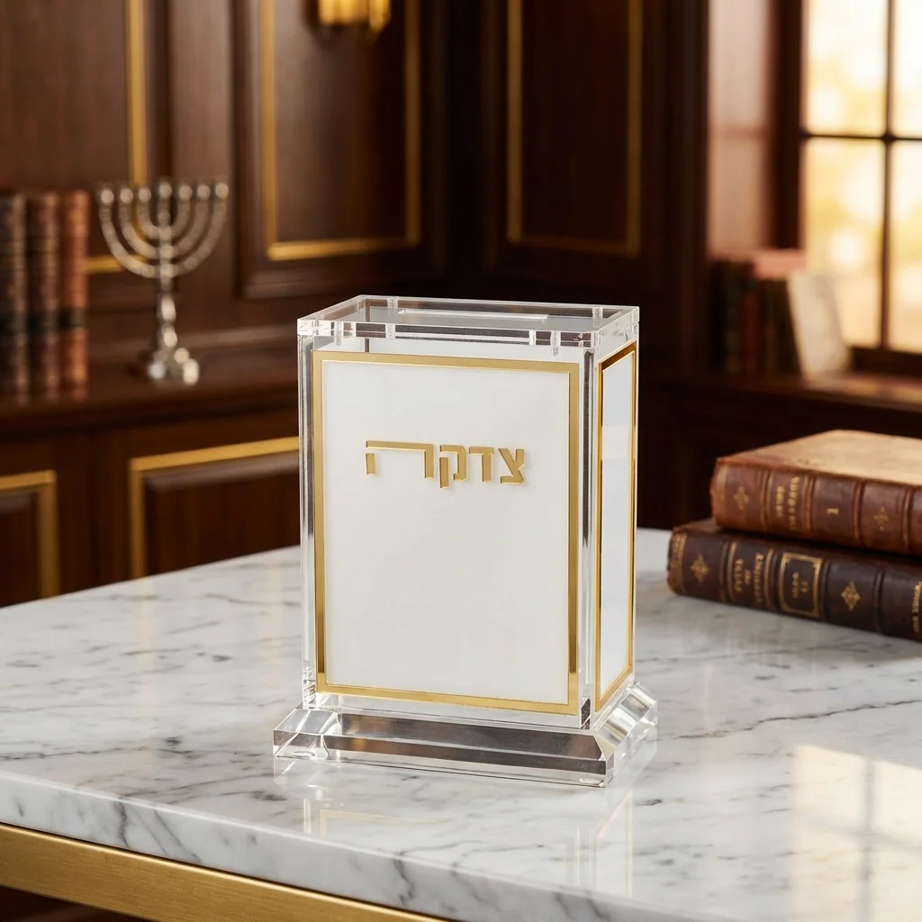קופת צדקה אקריליק לבן זהב 13 ס״מ