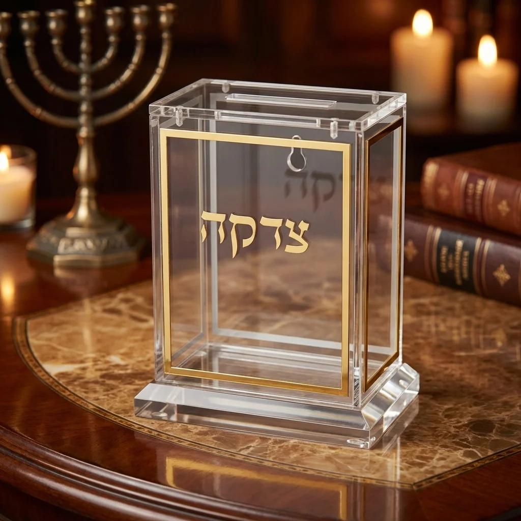 קופת צדקה אקריליק שקוף זהב 13 ס״מ