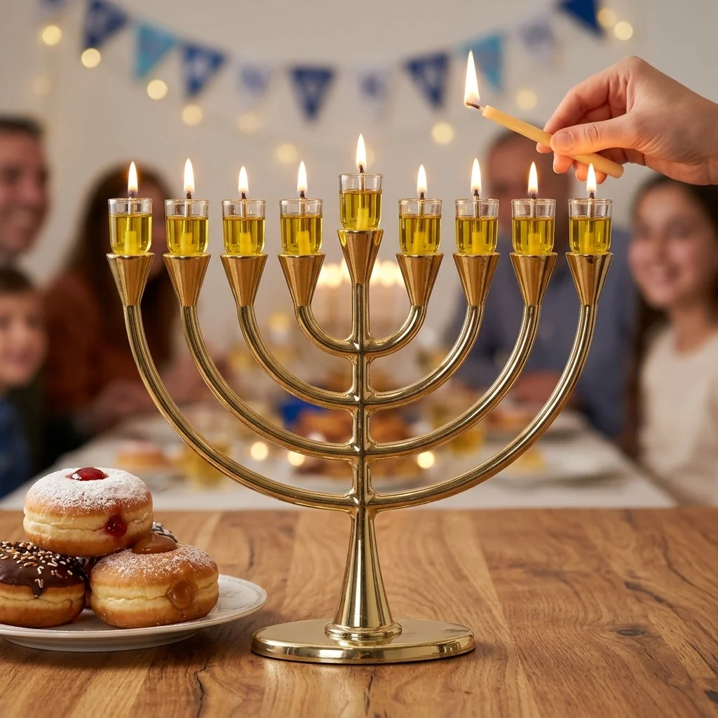 חנוכייה מתכת ציפוי זהב 19×23 ס״מ