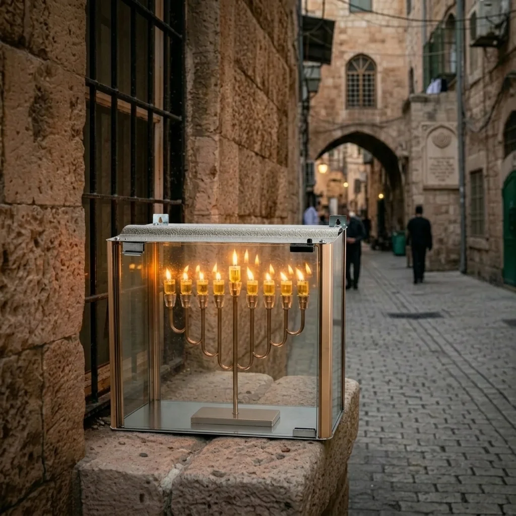 בית חנוכייה 40×20×50 ס״מ מהודר מאלומיניום וזכוכית